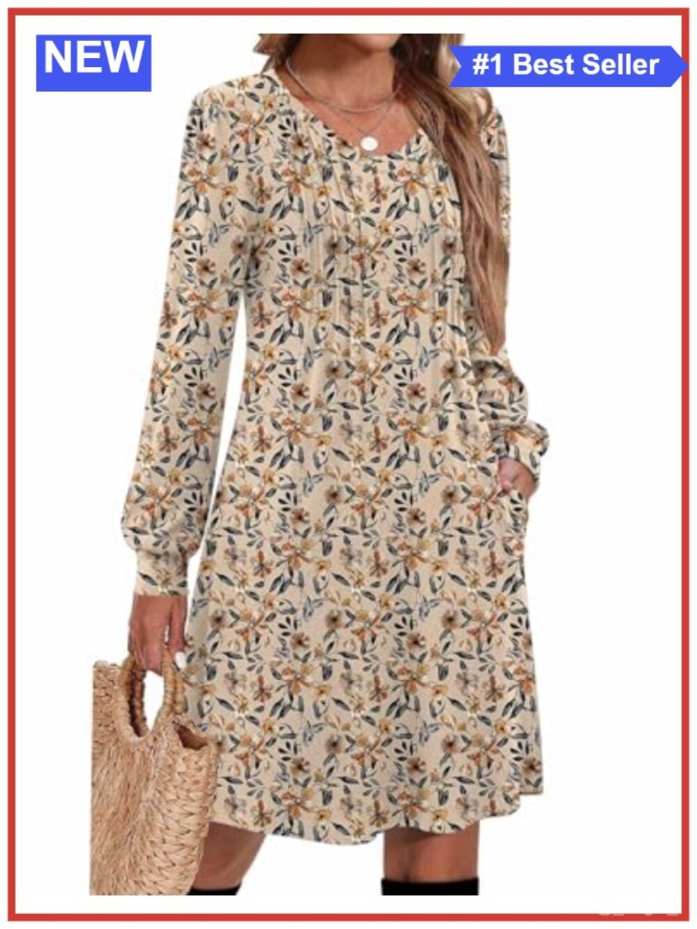 Long Sleeve Pleated V Neck A Line Tunic Dress with Pockets